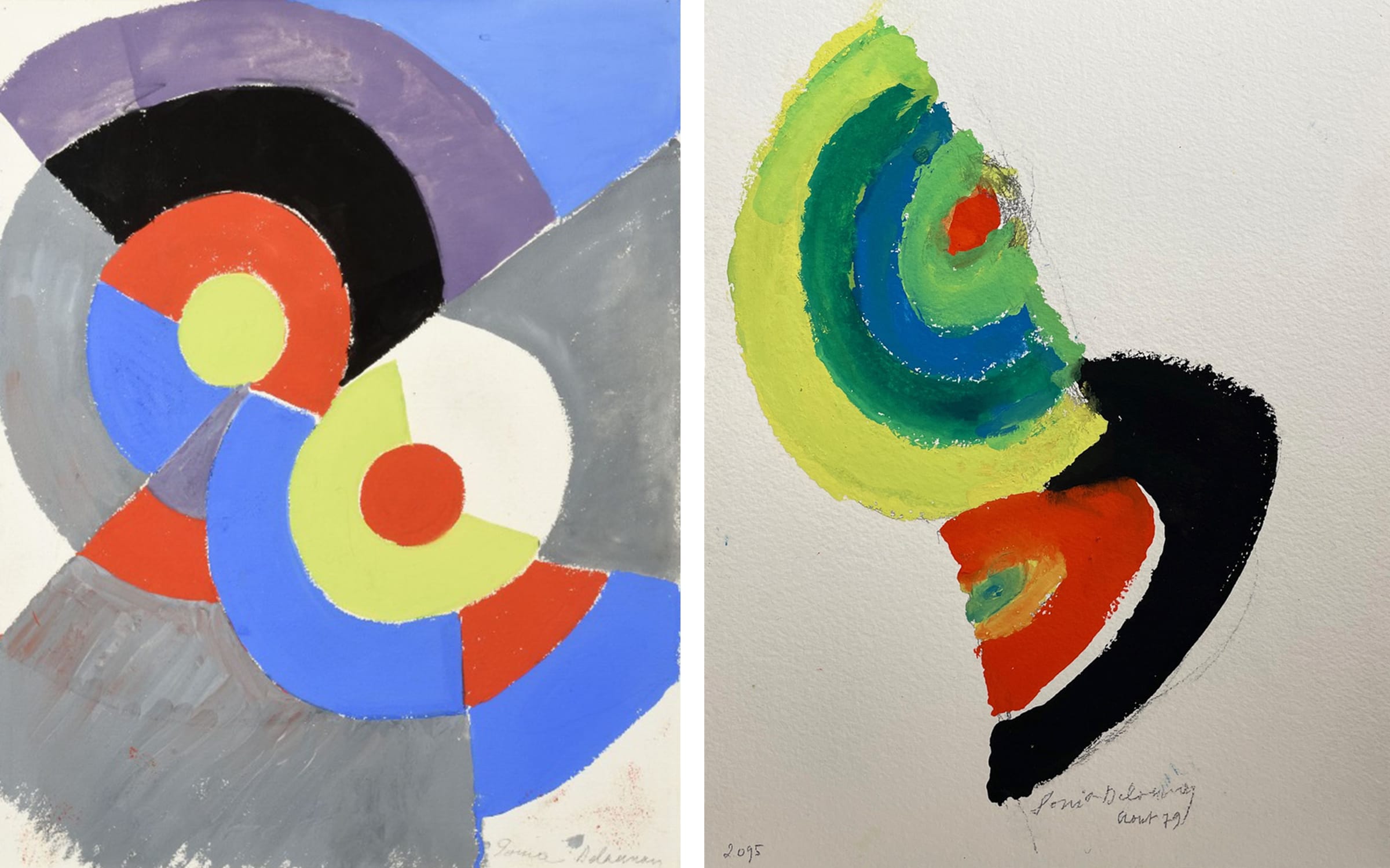 左：里斯姆，1961年。右：库勒尔，1979年。这两件作品均由Sonia Delaunay创作。版权所有 ： 普拉库萨 20210319.由兹洛托夫斯基画廊提供。
