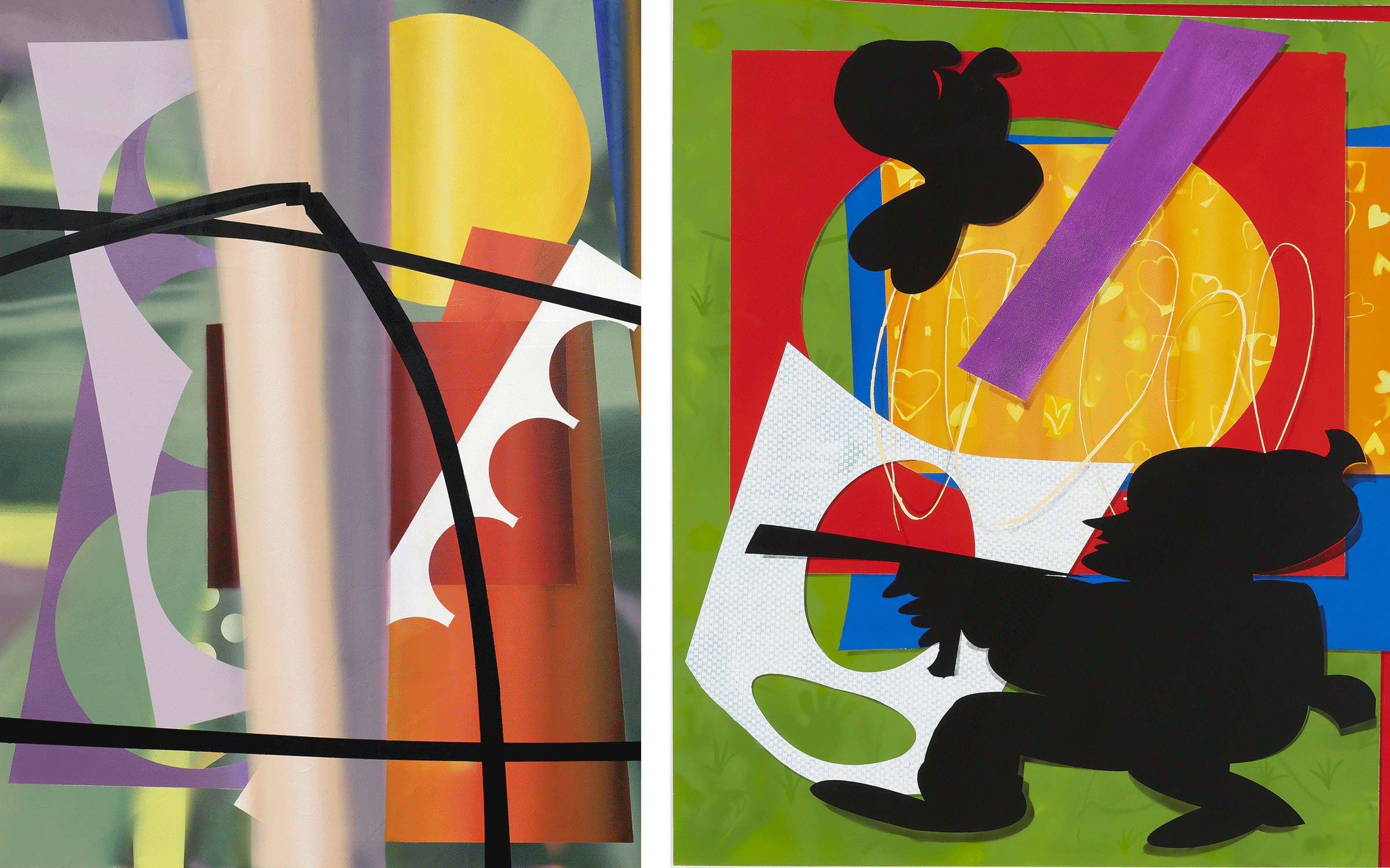 左：回归的太阳将身体融为一体，2021年。摄影：Aurélien Mole。右图：狩猎场上的兔子，2019年。摄影：We Document Art。两件作品均出自穗田柏叶之手。由艺术家和Nathalie Obadia画廊提供。