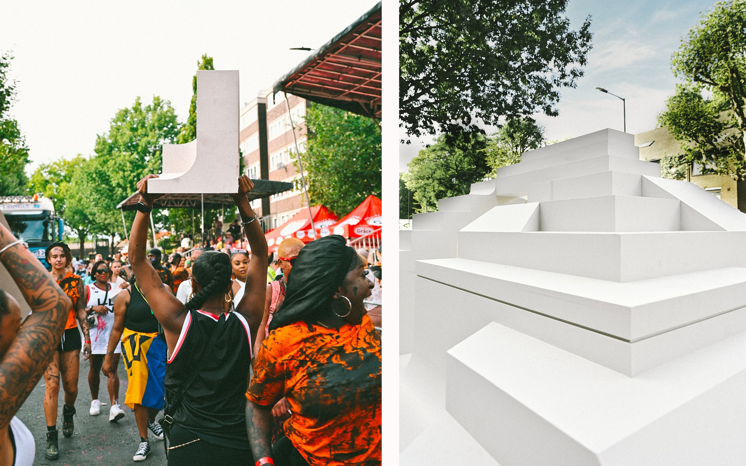 A pavilion by Vally and London-based artist Alvaro Barrington for the 2022 Notting Hill Carnival, London, reflecting the history and stories of Notting Hill along with its ‘mythologies, rituals, repositories of identity and legacies of hybridisation. Photography: courtesy of Counterspace