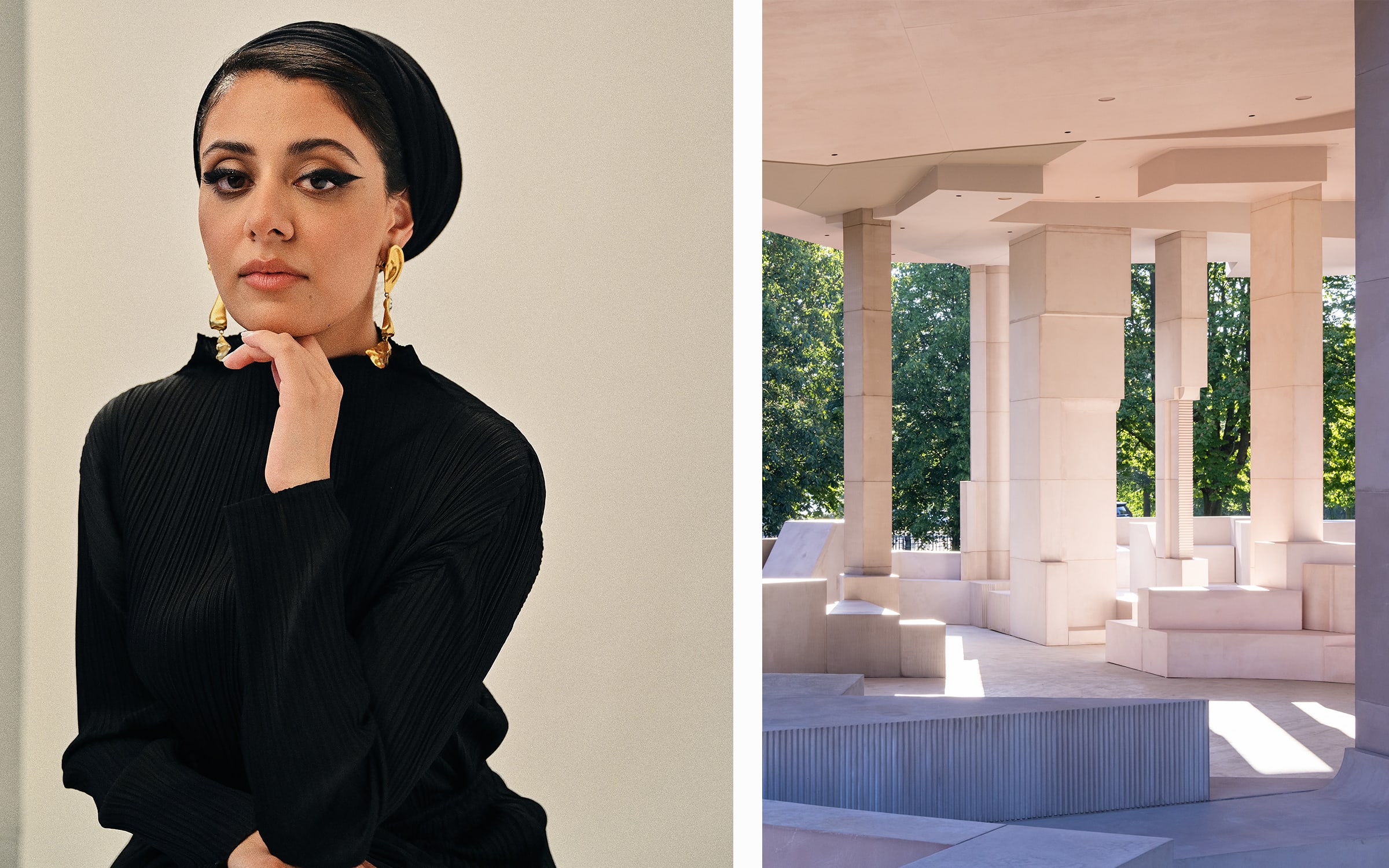 Left: Sumayya Vally. Photography by Lou Jasmine. Right: Serpentine Pavilion 2021 designed by Sumayya Vally, Counterspace. Photography by Iwan Baan