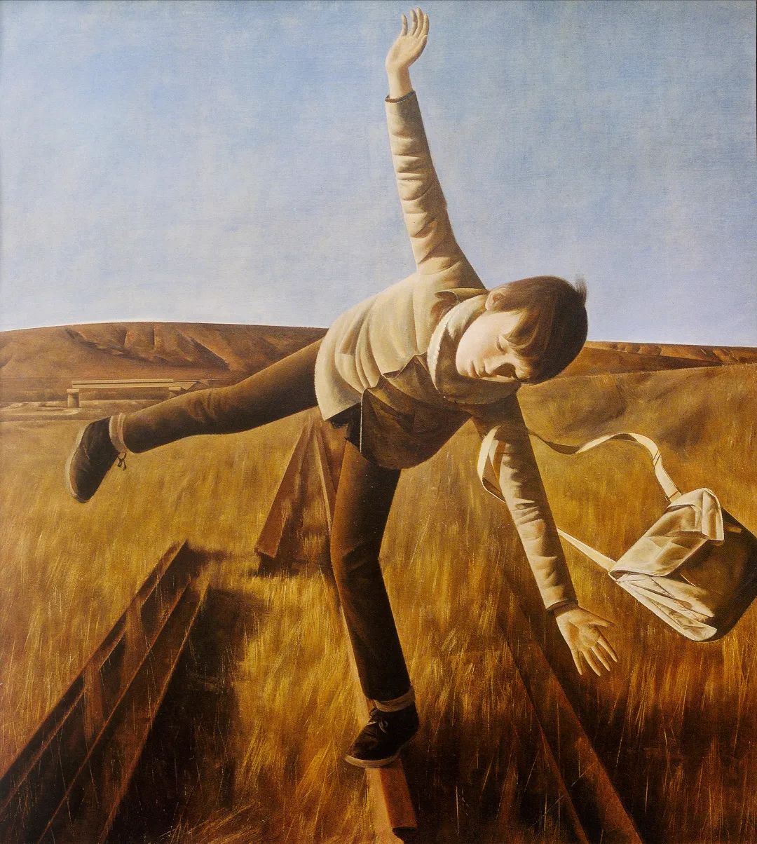 《黄昏时寻求平衡的男孩》，布面油画，175×162cm，1989（上海美术馆藏）
