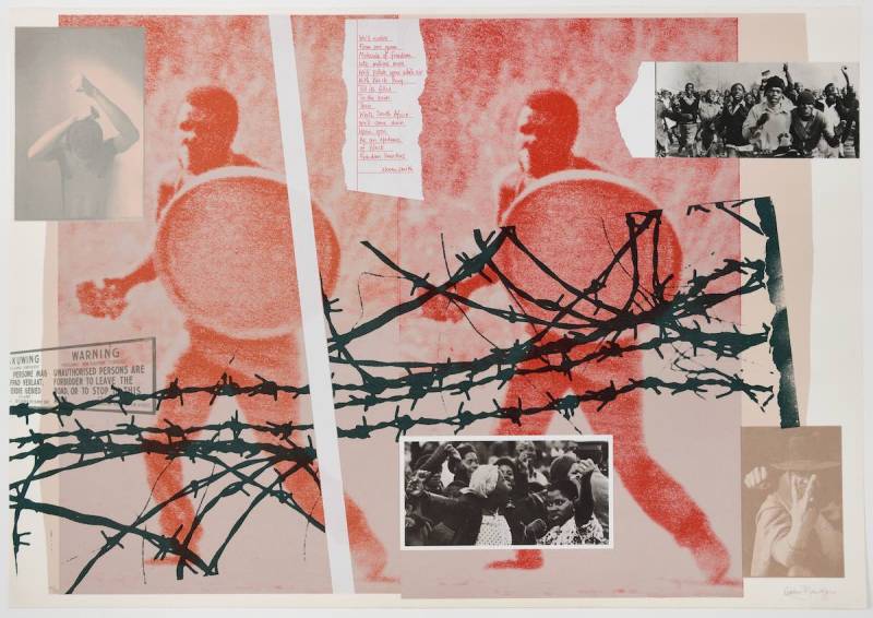 一幅拼贴画，展示了一个黑人男子的双重红色图像，在铁丝网的图像下有一个盾牌。黑人妇女和儿童的照片叠加在上面。