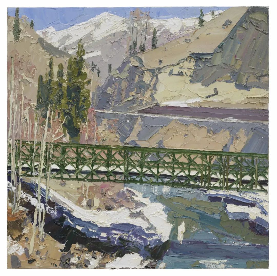 《布尔津河上的铁桥》，80x80cm，布面油画，2023