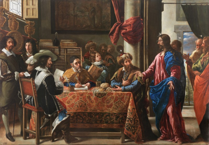一群人围坐在一张桌子旁，穿着红色和蓝色的长袍，望着基督。