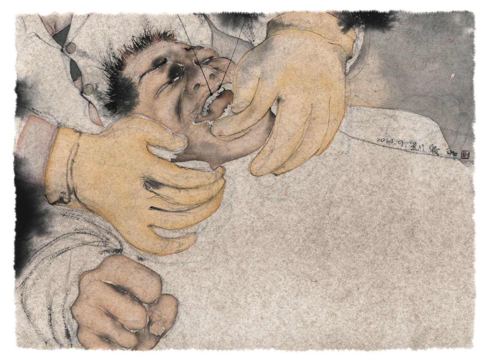 《拔牙》，纸本水墨，51 × 70 cm，2014