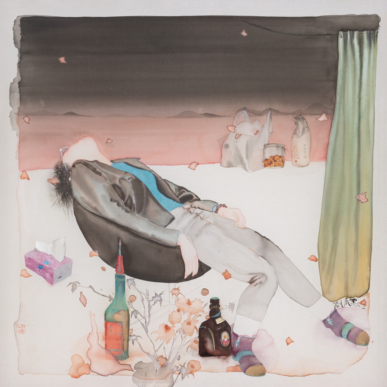 《不想》，绢本水墨，75 × 75 cm，2023