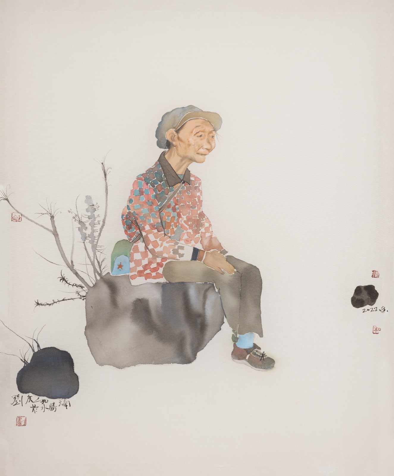 《背包的奶奶》，绢本水墨，60 × 50 cm，2022