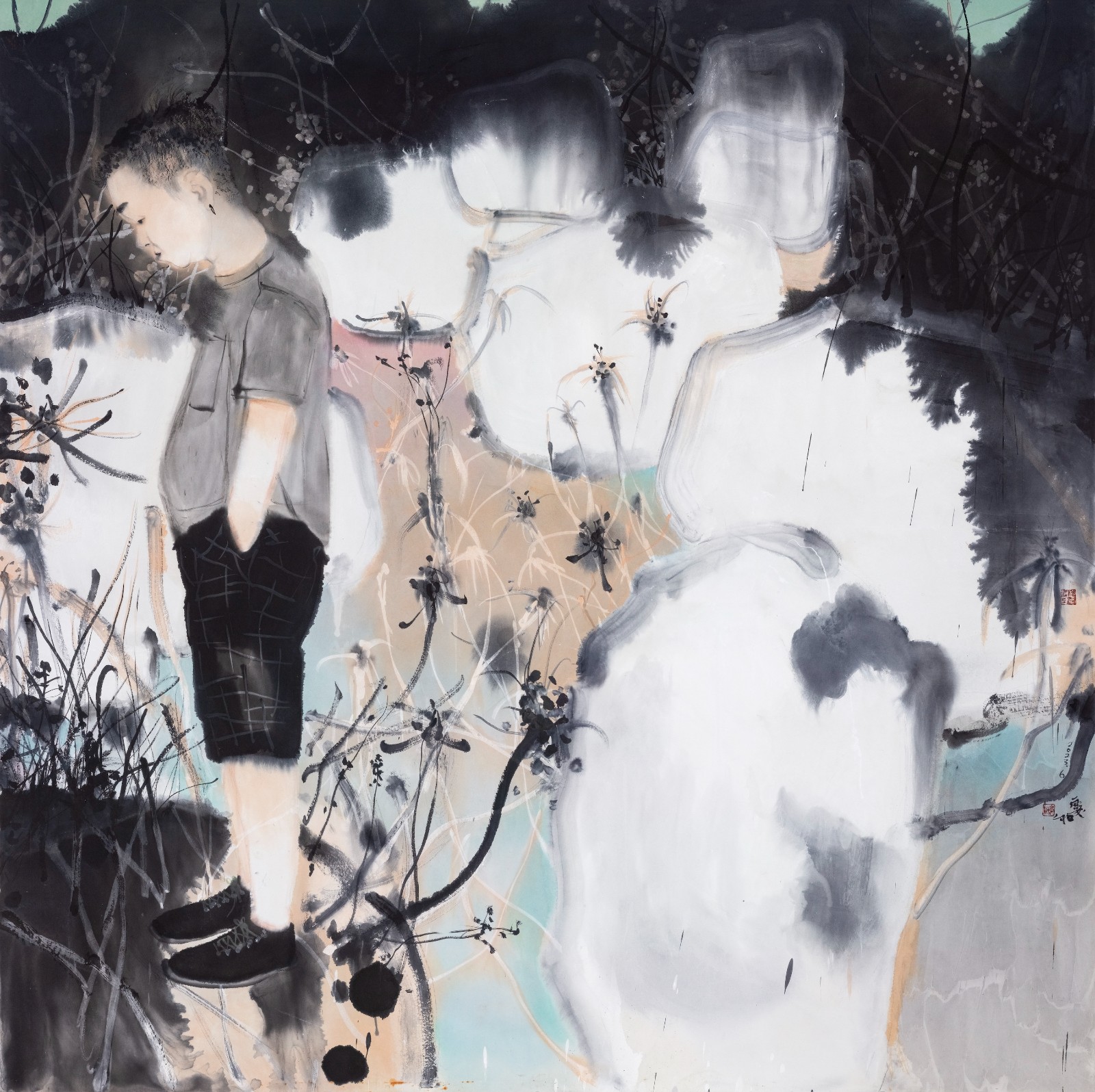 《夏秋之间的C先生》，纸本水墨，200 × 200 cm，2023