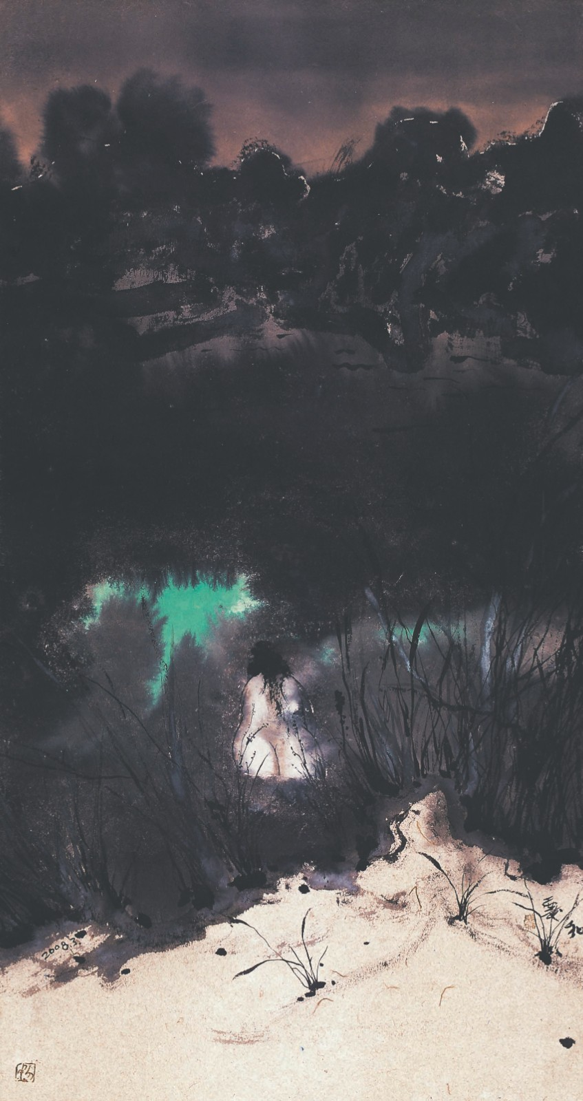 《入水》，纸本水墨，170 × 90 cm，2008