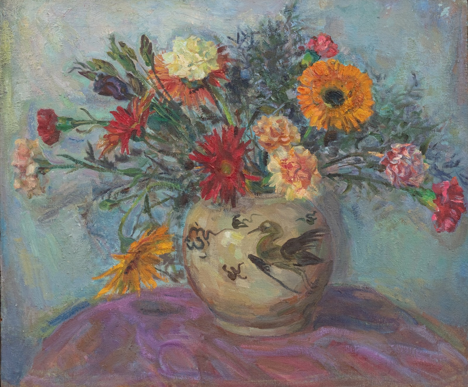 1 《磁州窑瓶花卉》，布面油画，60 × 73 cm，1975